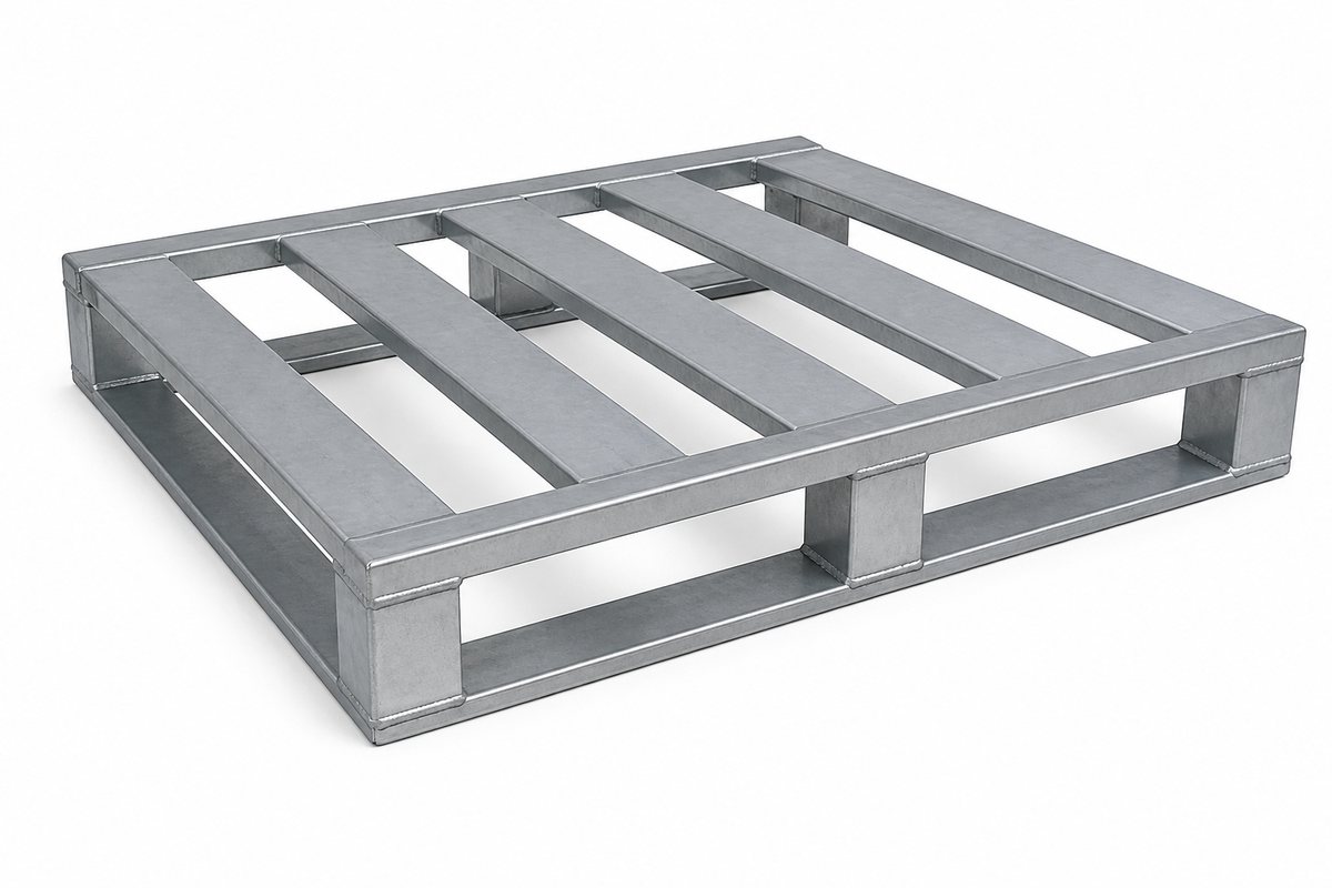 Steel pallet, 1200 x 1000 mm, galvanised slatted deck in a welded perimeter frame on box-section legs