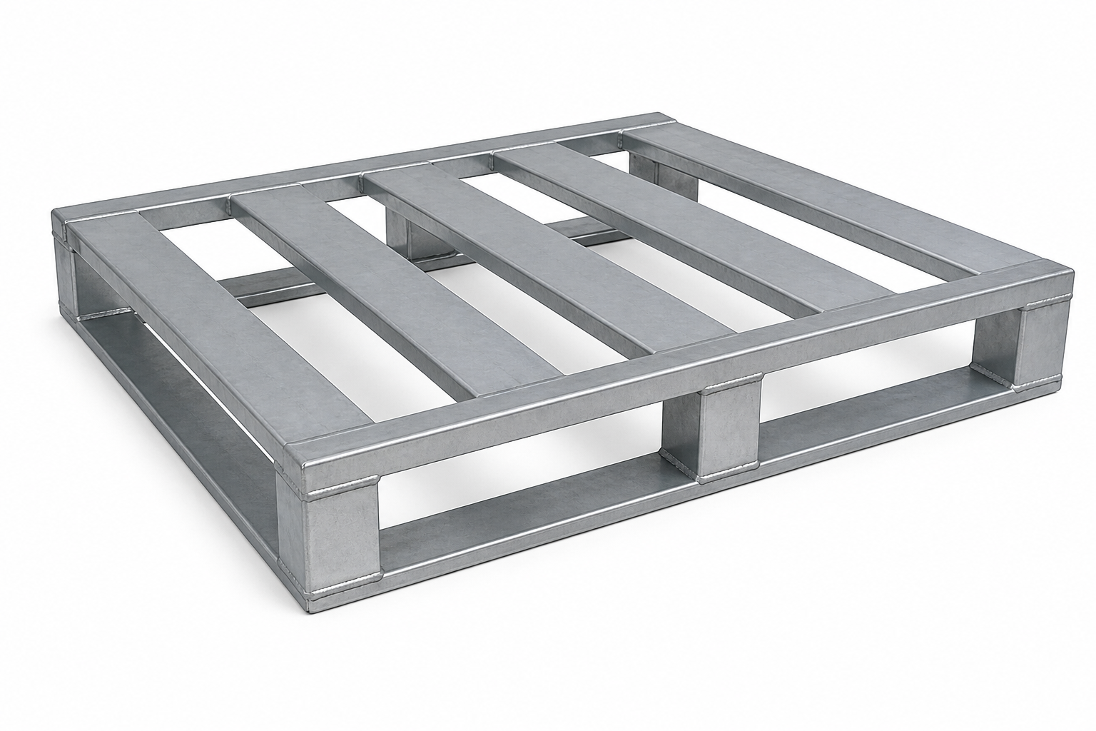 Steel pallet, 1200 x 1000 mm, galvanised slatted deck in a welded perimeter frame on box-section legs — representative reference illustration, not a stock photograph or dimension-certified