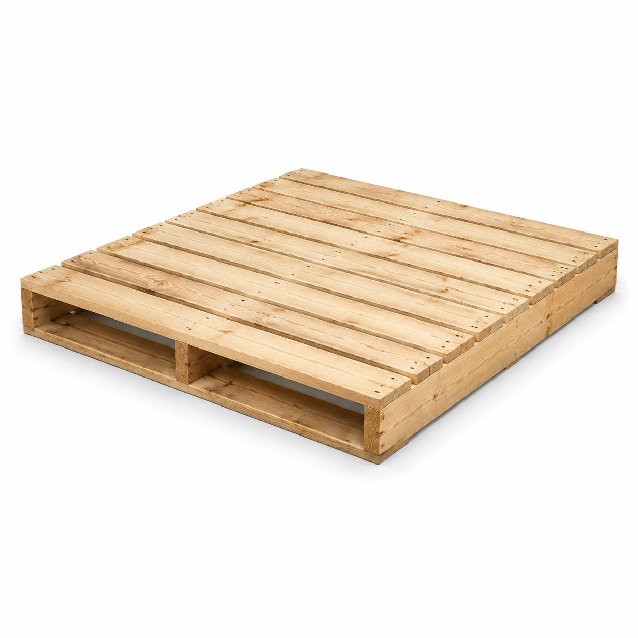 Two-way square wooden pallet 1200 x 1200 mm, three-quarter view