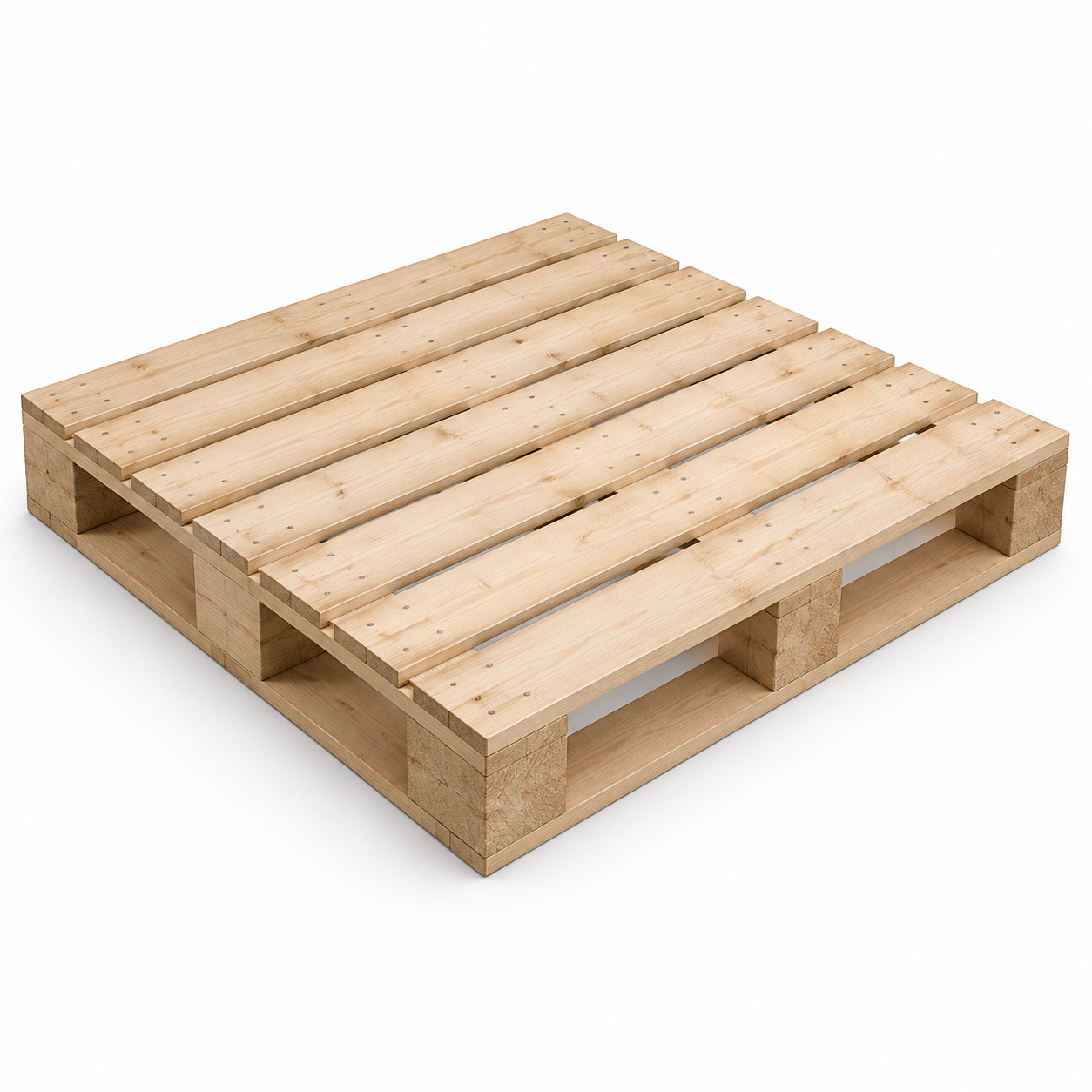 Commercial square wooden pallet 1000 x 1000 mm, three-quarter view