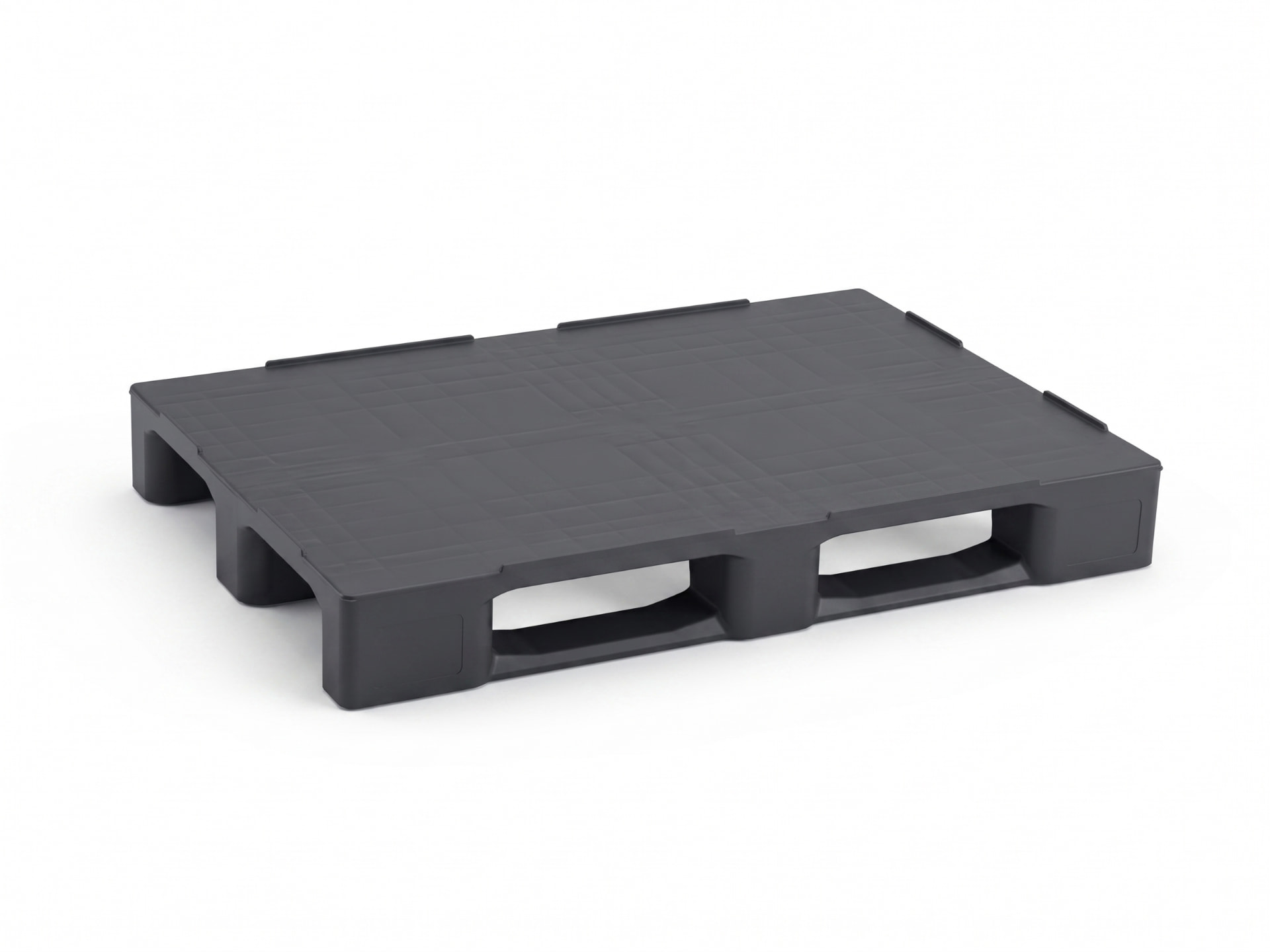 Exporta 01-FN12 closed-deck plastic pallet, 1200 x 800 x 150 mm, on three runners — reference-led AI illustration of the documented model design, not a stock photograph or dimension-certified