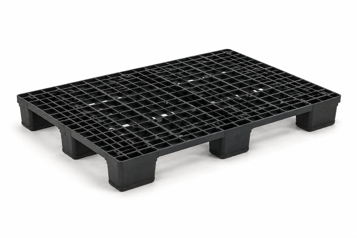 Lightweight nestable open-deck plastic pallet 1200 x 800 x 140 mm, nine feet — corner view