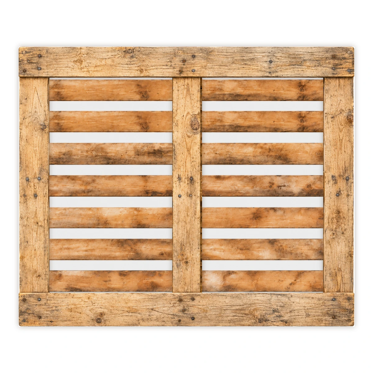 Underneath of a used medium perimeter UK Standard wooden pallet, 1200 × 1000 mm, showing the perimeter base and centre runner
