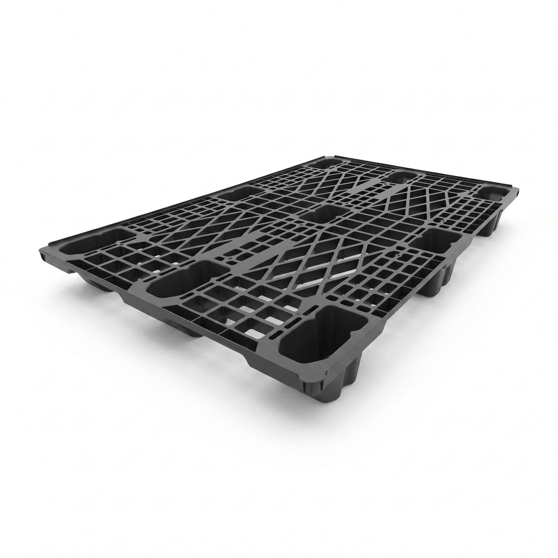 Nesting plastic pallet, 1200 x 800 x 128 mm, diamond-braced open deck panels on nine nesting feet — corner view