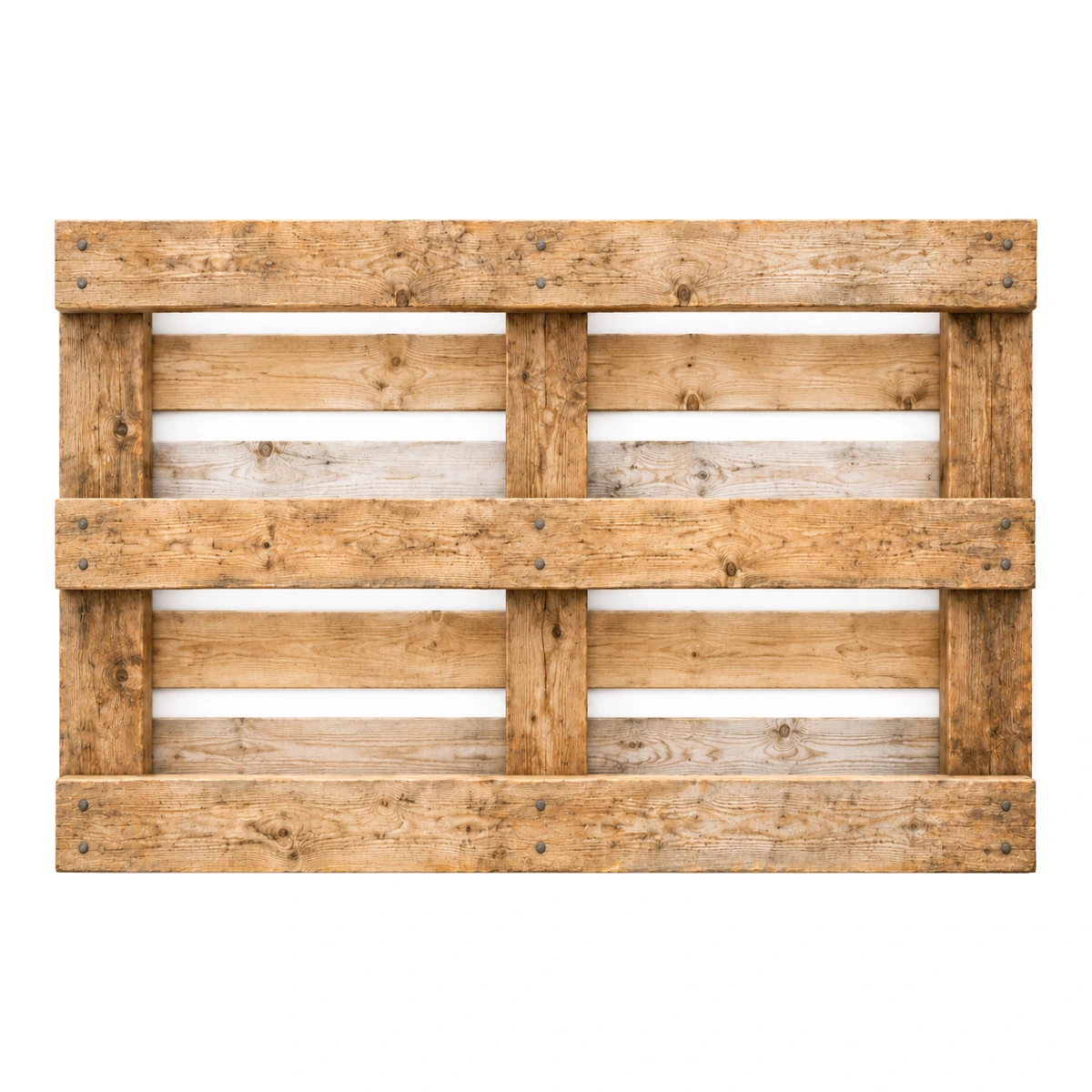 Underneath of a used lightweight Euro-size wooden pallet, 1200 × 800 mm, showing three bottom runners