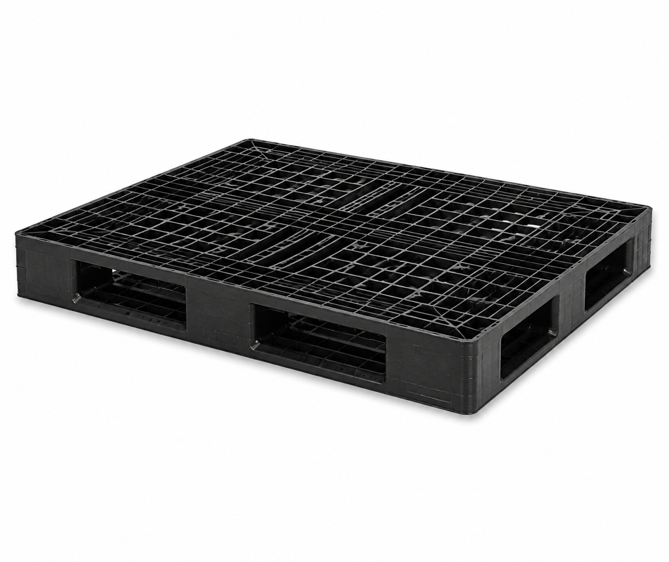 Heavy-duty grid-deck plastic pallet 1200 x 1000 x 160 mm, full-perimeter base, three-quarter view