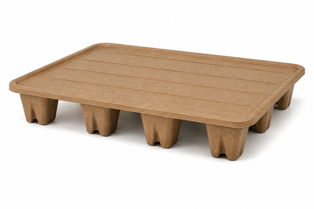 Presswood nestable pallet, 1200 x 800 mm, moulded wood-fibre deck with a raised lip on nine moulded nesting feet