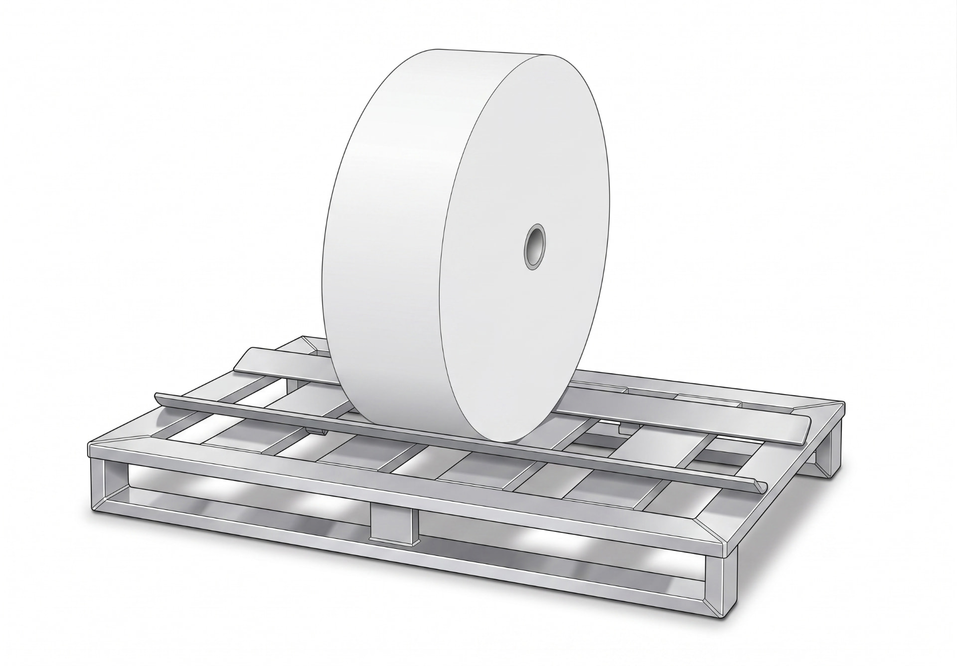 IP-Group aluminium roll-handling cradle 71834 with 78051 roll cradle rails, 1200 x 800 mm, shown holding a demonstration paper roll, illustrative reference view