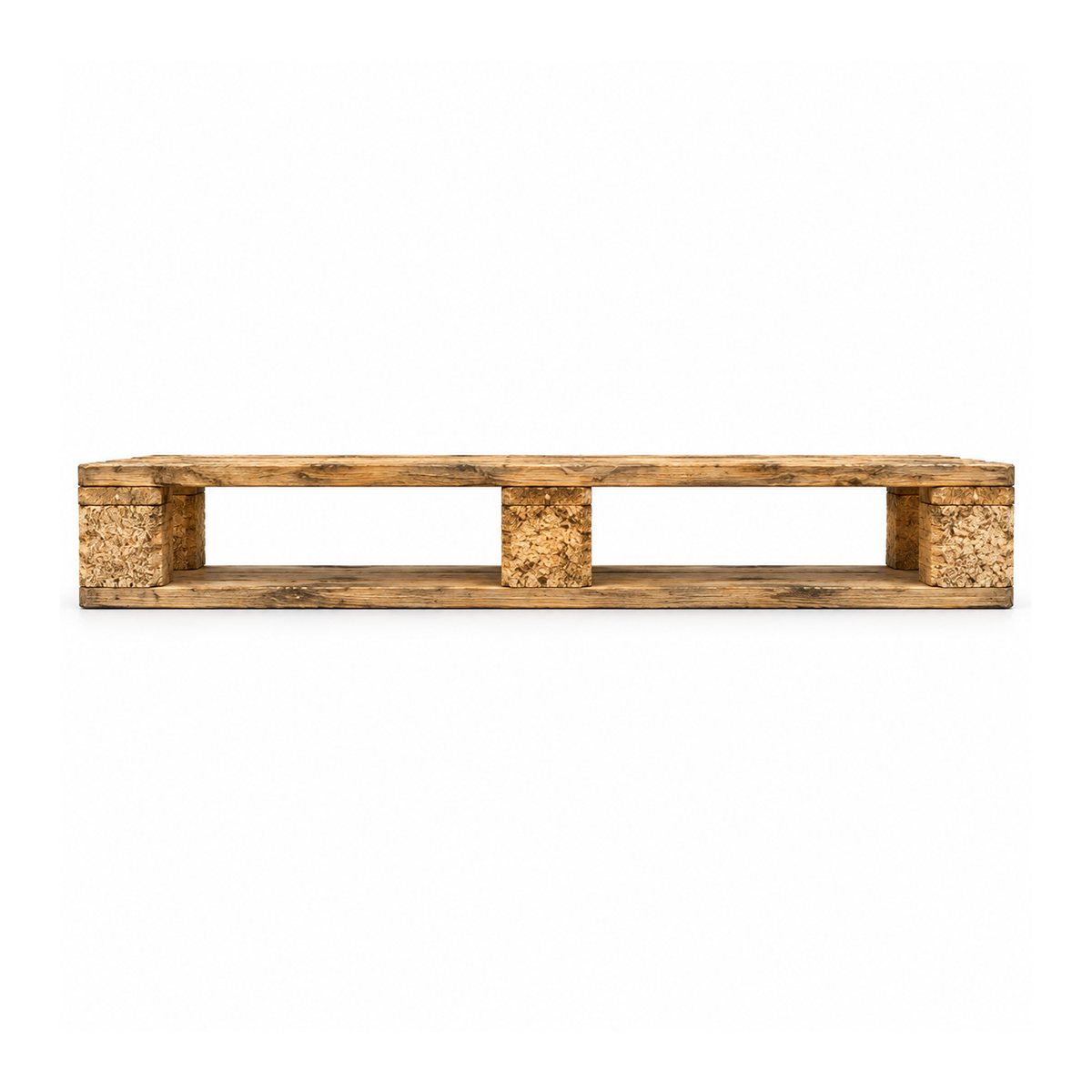 Used medium perimeter UK Standard wooden pallet, 1200 × 1000 mm, side view