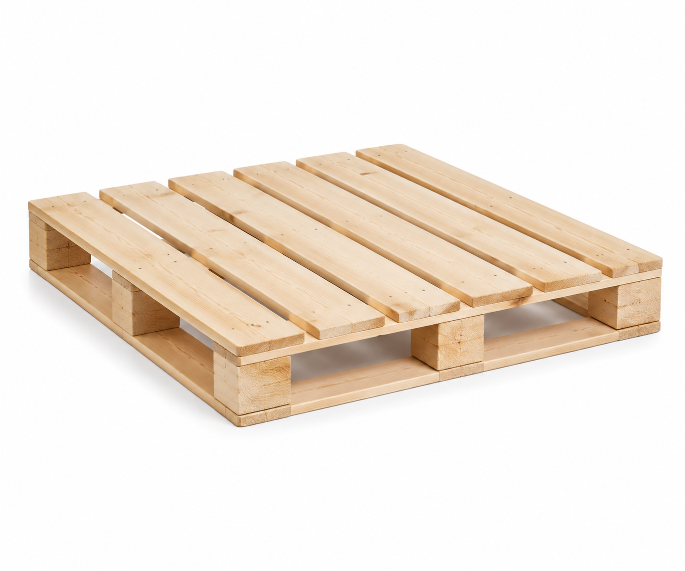 New export wooden pallet, 1200 x 1000 mm, plain sawn softwood deck boards on bearers with an unmarked, unstamped surface — representative reference illustration, not a stock photograph or dimension-certified