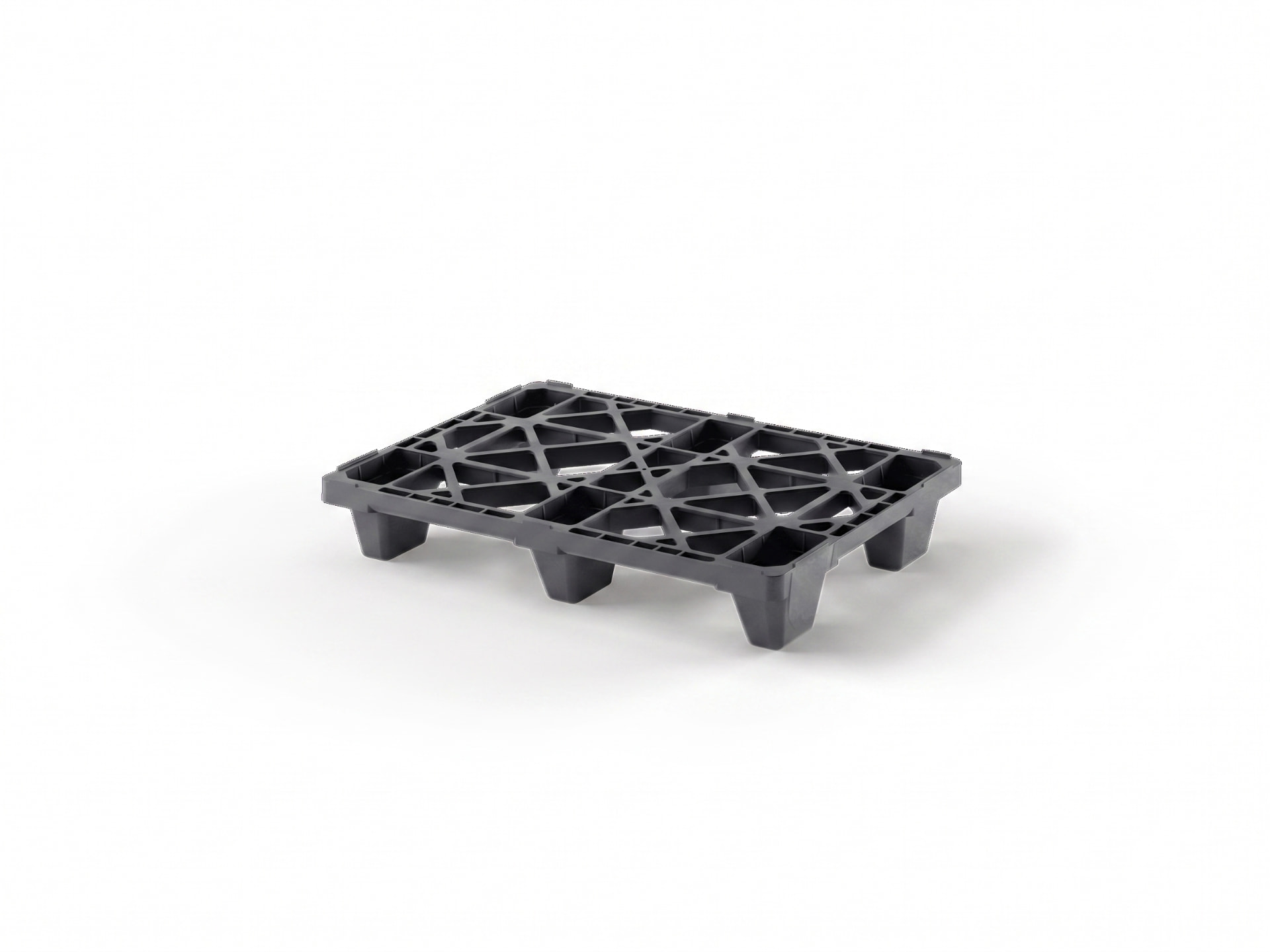Cabka 1011.153012 nestable plastic pallet, 800 x 600 x 130 mm, diagonal truss deck with 5 mm rim on six feet — reference-led AI illustration of the documented model design, not a stock photograph or dimension-certified