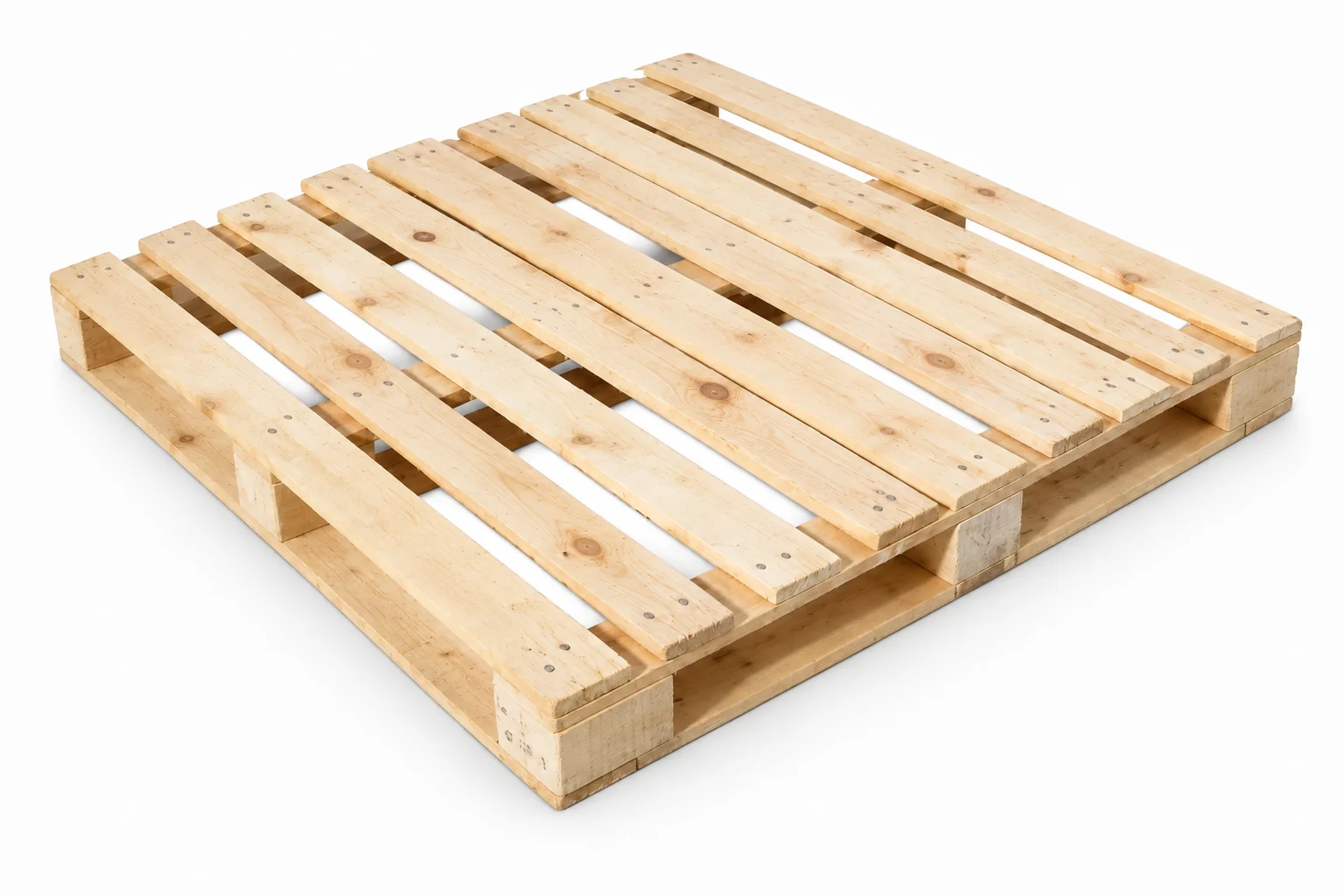 New square wooden pallet 1200 × 1200 mm, three-quarter view