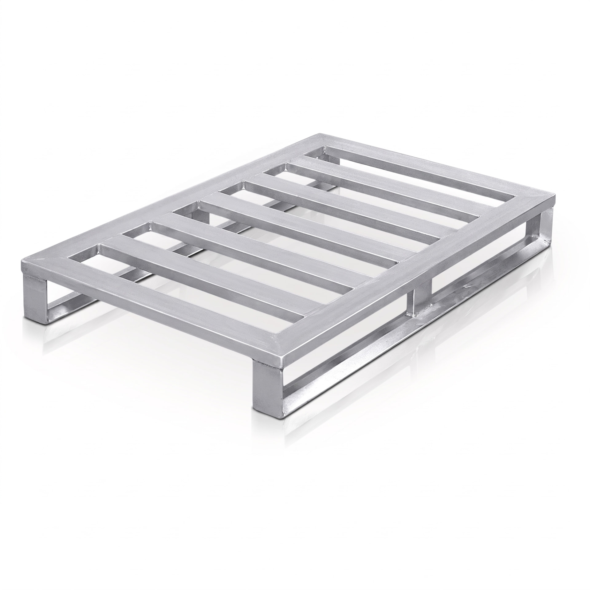 ZARGES 45173 aluminium pallet, 1200 x 800 x 150 mm, open slatted sealed-profile deck on two runners with centre support — reference-led AI illustration of the documented model design, not a stock photograph or dimension-certified