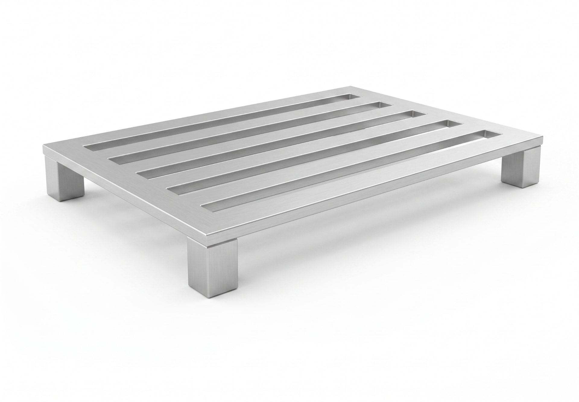 IP-Group aluminium pallet 70601, 1200 x 800 mm, open deck of five wide slats on four square legs, illustrative reference view