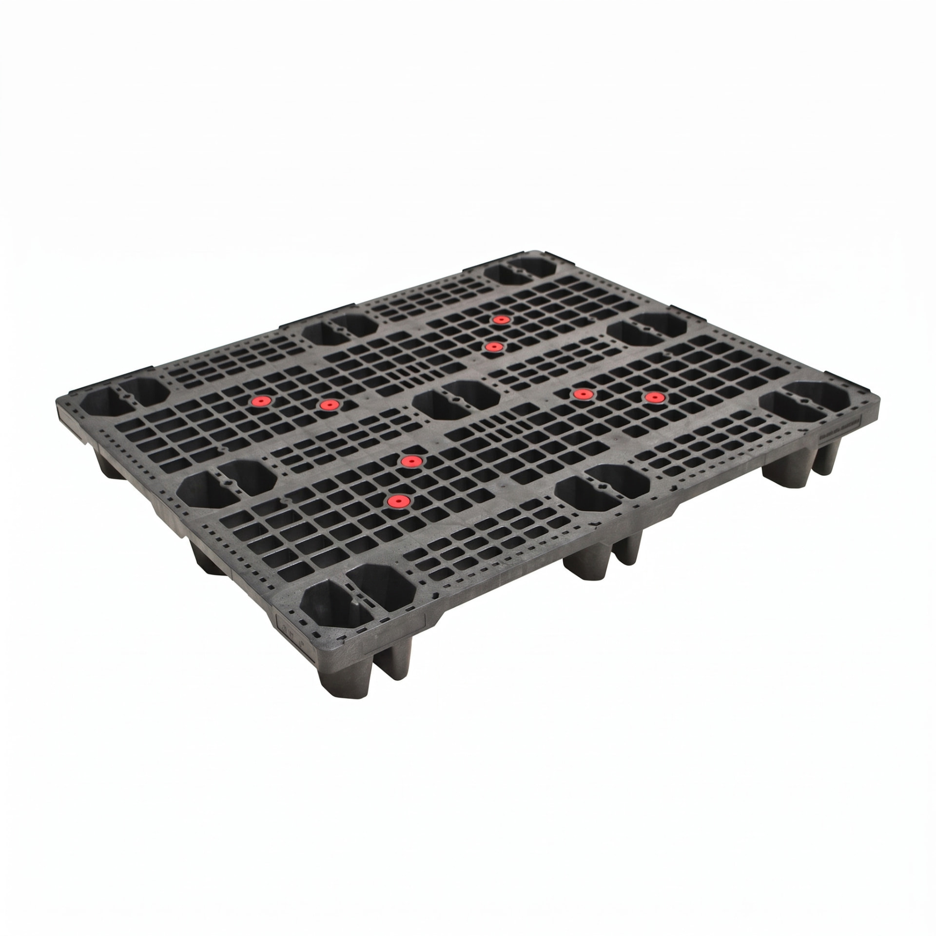 Exporta 01-DP1210AS nestable distribution pallet, 1200 x 1000 x 150 mm, open deck with nine split nesting recesses and eight red anti-slip pads — reference-led AI illustration of the documented model design, not a stock photograph or dimension-certified