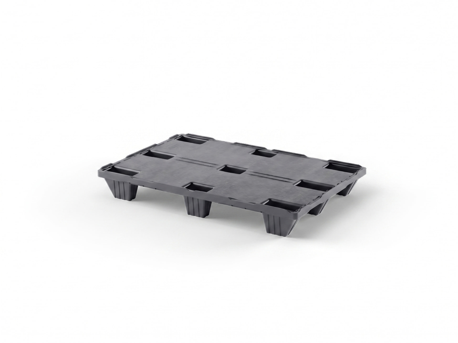 Plastic pallet 1200 x 800 mm with nine recesses and raised rim — corner view