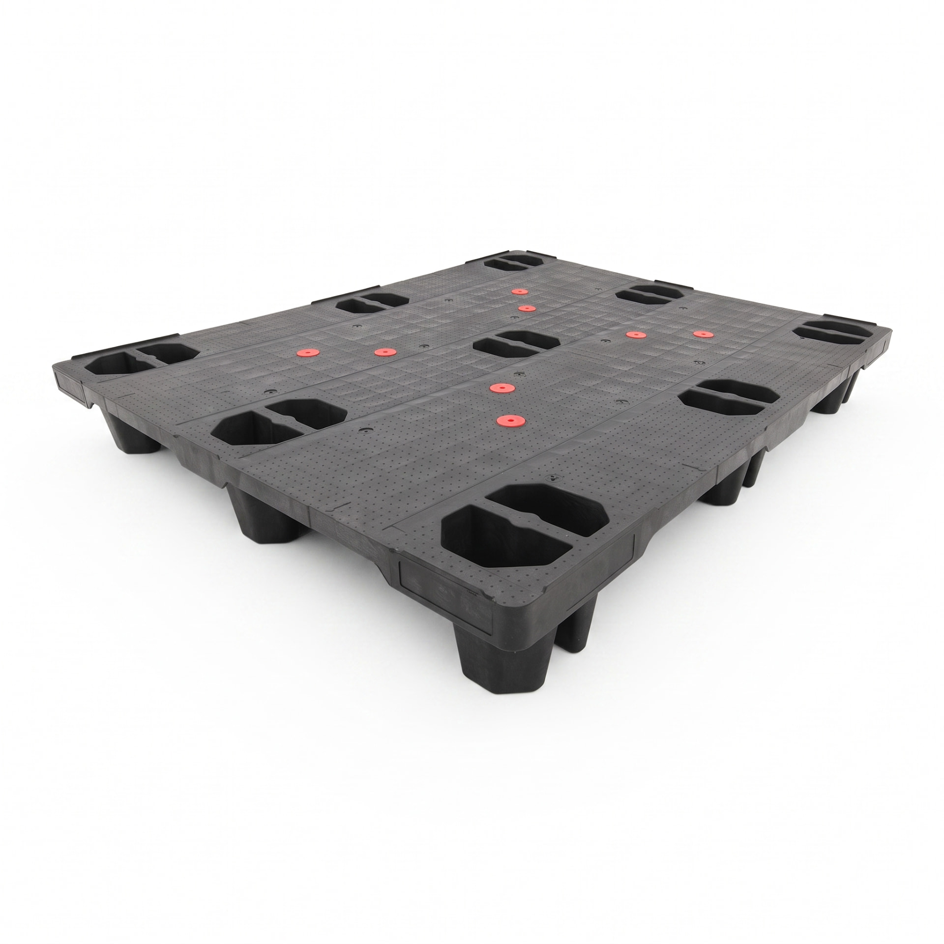 Plastic pallet 1200 x 1000 mm with nine split nesting recesses — corner view