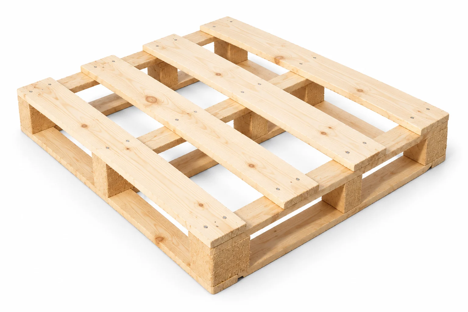 New square wooden pallet 1000 × 1000 mm, three-quarter view