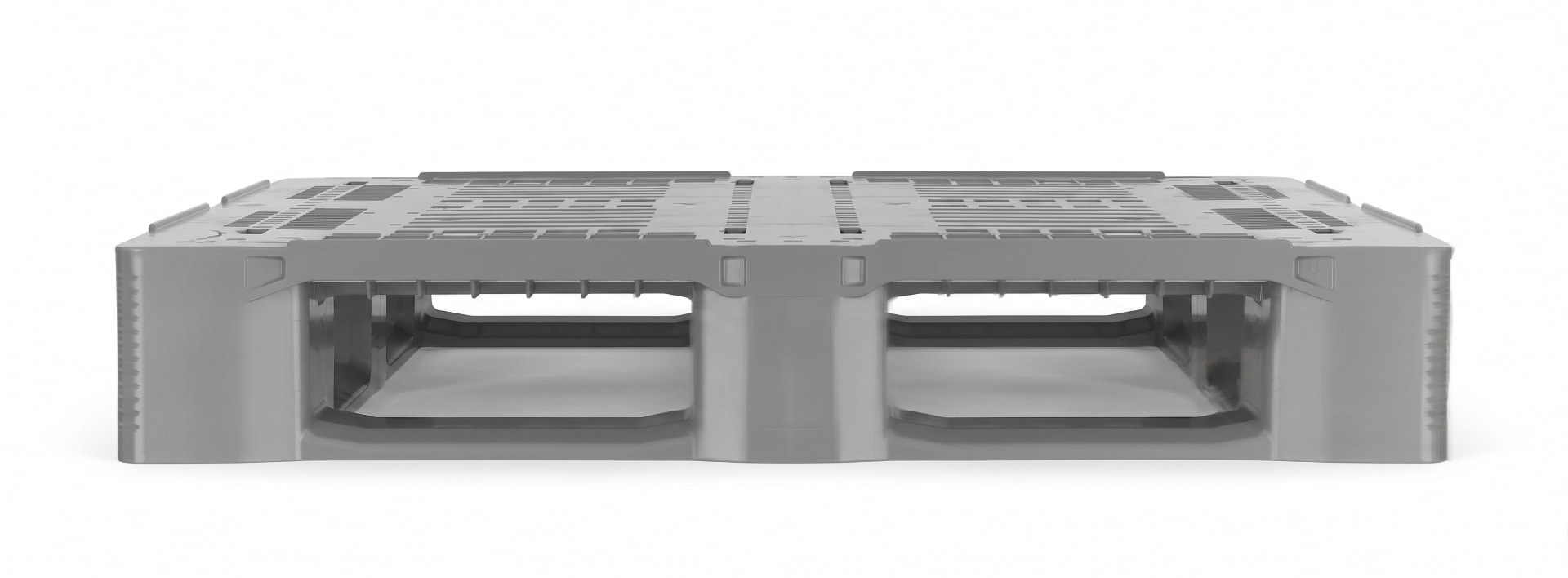 Plastic pallet 1200 x 1000 mm with perforated deck and five runners — corner view