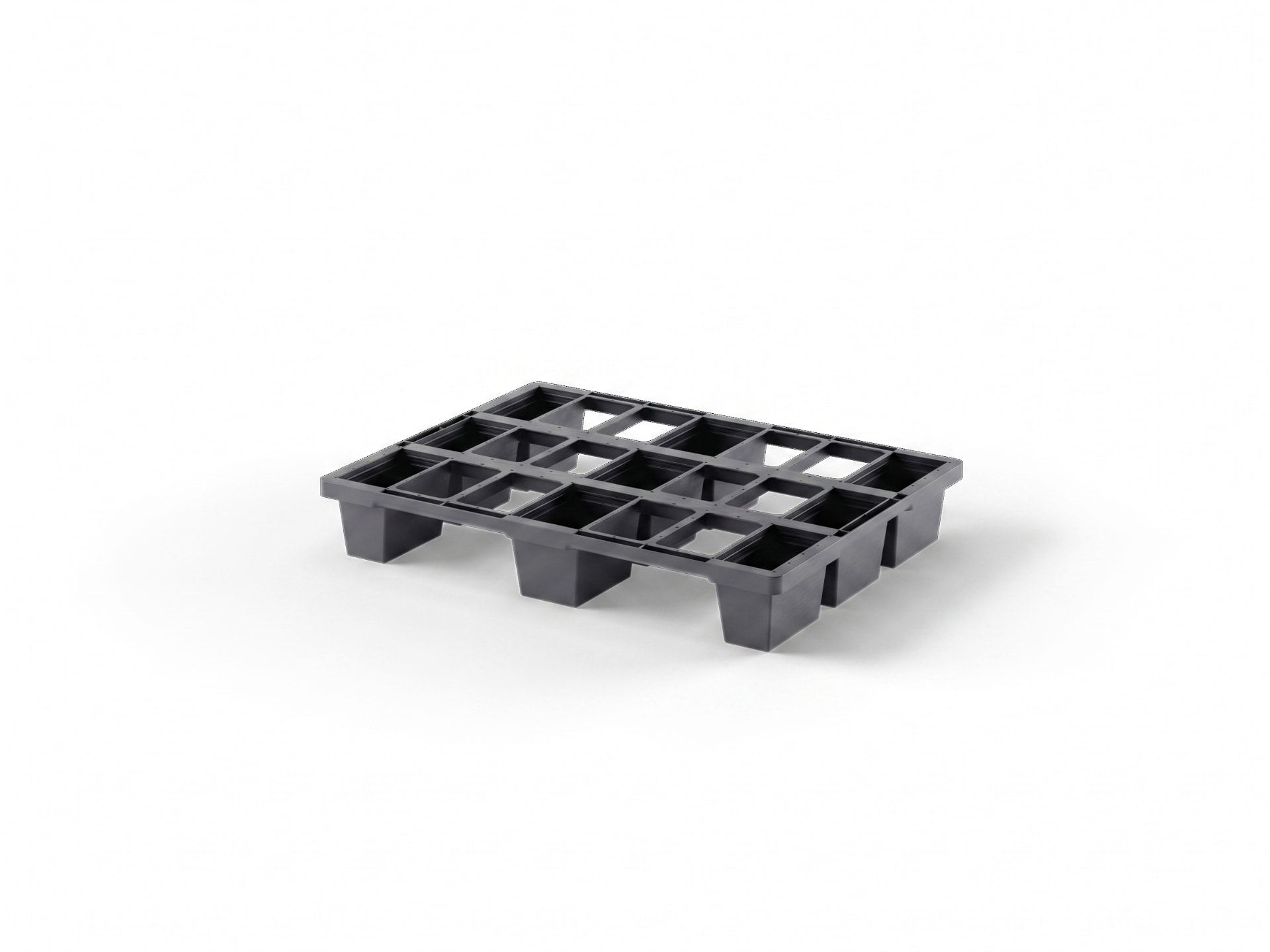 Nestable plastic pallet, 800 x 600 x 120 mm, sparse rectangular grid deck on nine feet — corner view