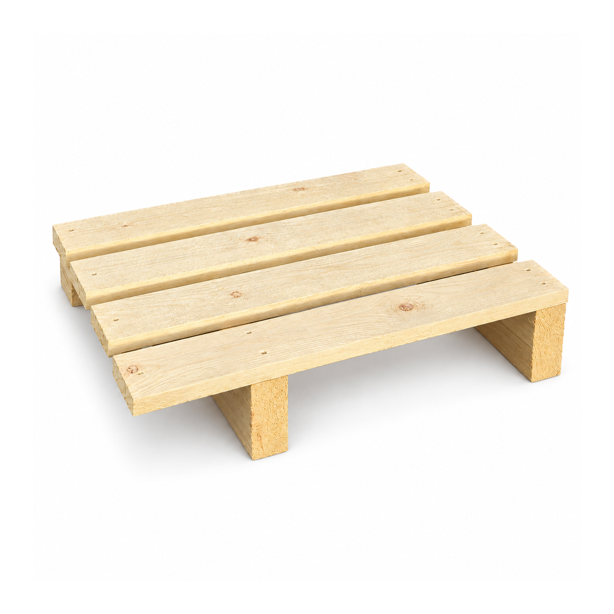 New quarter-size wooden display pallet, 600 × 400 mm, front corner view with four straight deck boards and two skid supports