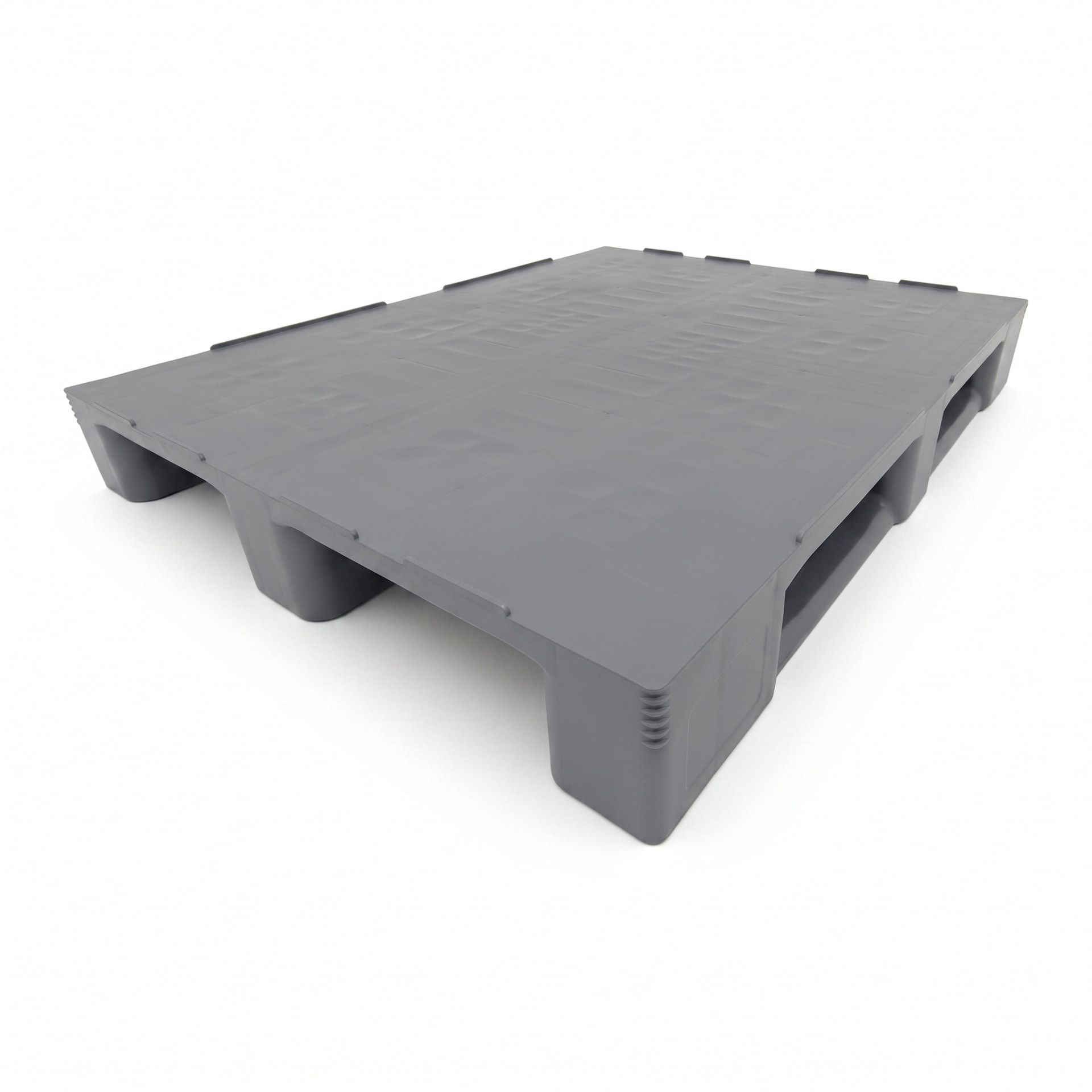 Exporta 01-FN1210C closed-deck plastic pallet, 1200 x 1000 x 150 mm, on three runners — reference-led AI illustration of the documented model design, not a stock photograph or dimension-certified