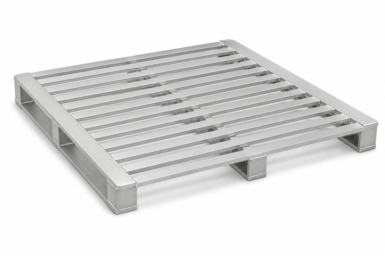 IP-Group aluminium pallet 71974, 1200 x 800 mm, slatted aluminium deck in a perimeter frame on box-section feet — representative reconstruction, not a stock photograph or dimension-certified