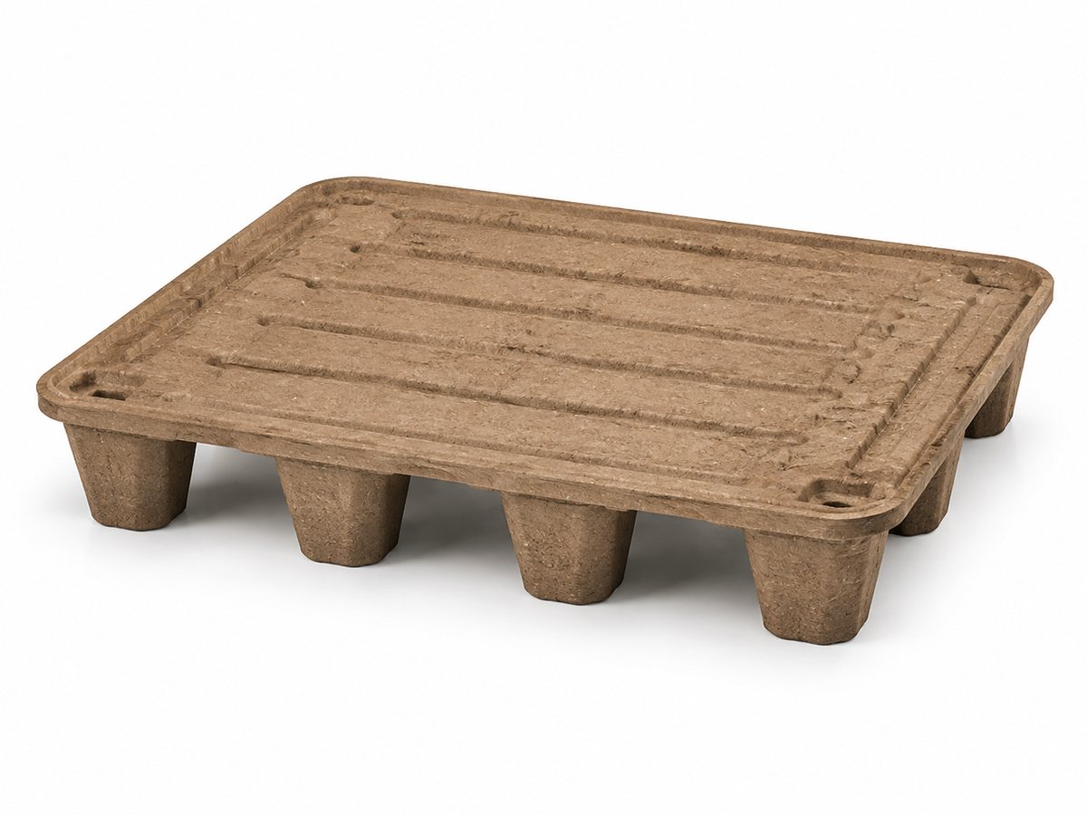 Presswood nestable pallet, 800 x 600 mm, moulded wood-fibre deck with a raised lip on moulded nesting feet