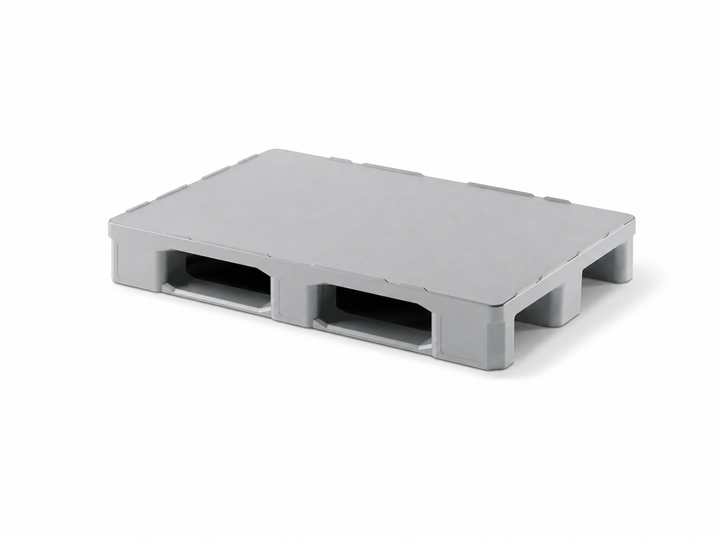 Cabka 1041.127.32B closed-deck plastic pallet, 1200 x 800 x 155 mm, three runners with a 6 mm rim — reference-led AI illustration of the documented model design, not a stock photograph or dimension-certified