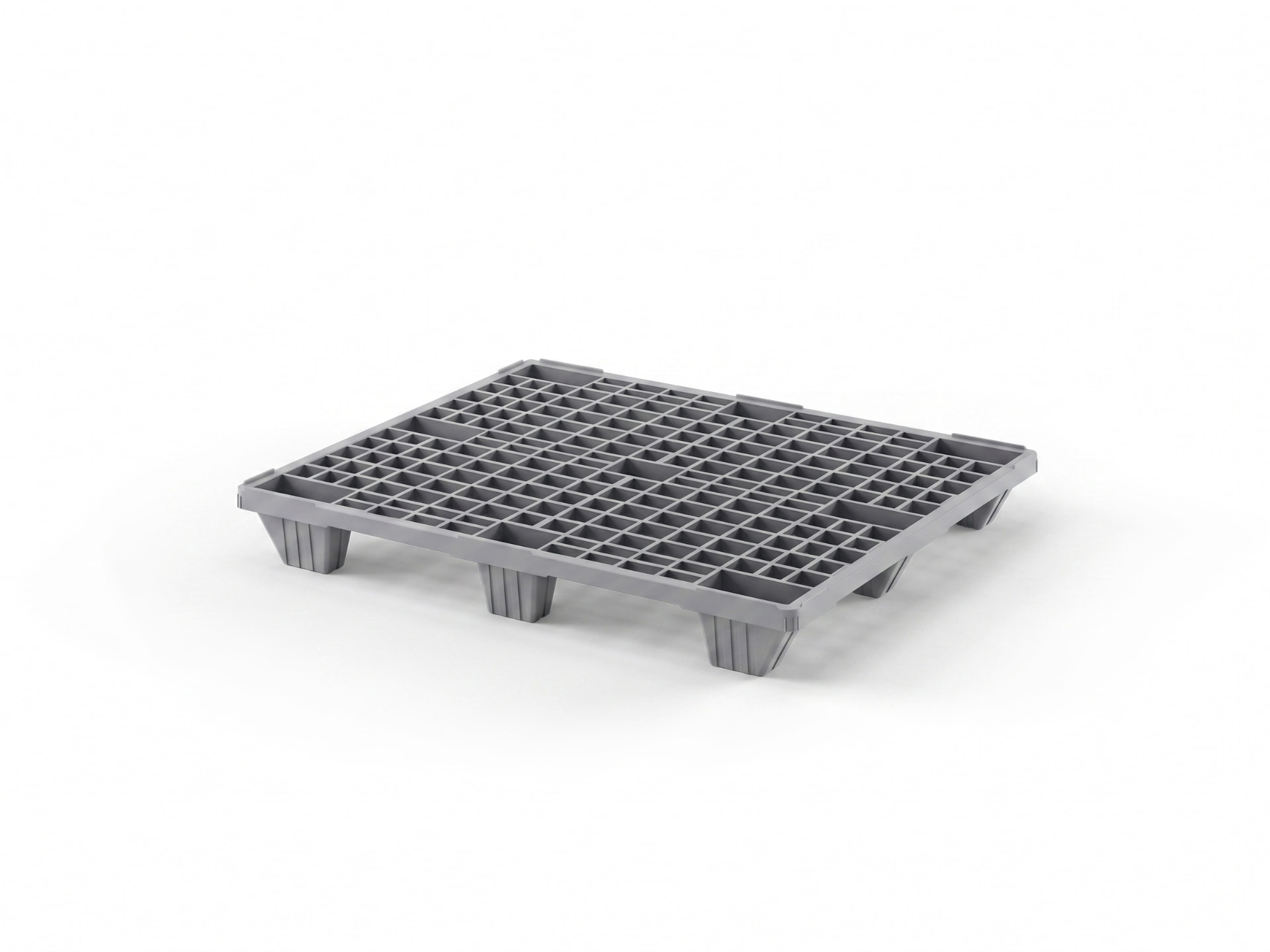 Cabka 1011.111113 nestable plastic pallet, 1200 x 1000 x 140 mm, open grid deck on nine nesting feet with a 5 mm rim — reference-led AI illustration of the documented model design, not a stock photograph or dimension-certified
