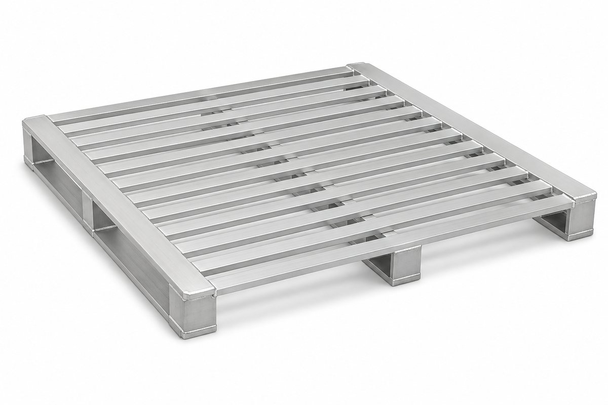 Aluminium pallet, 1200 x 800 mm, slatted aluminium deck in a perimeter frame on box-section feet