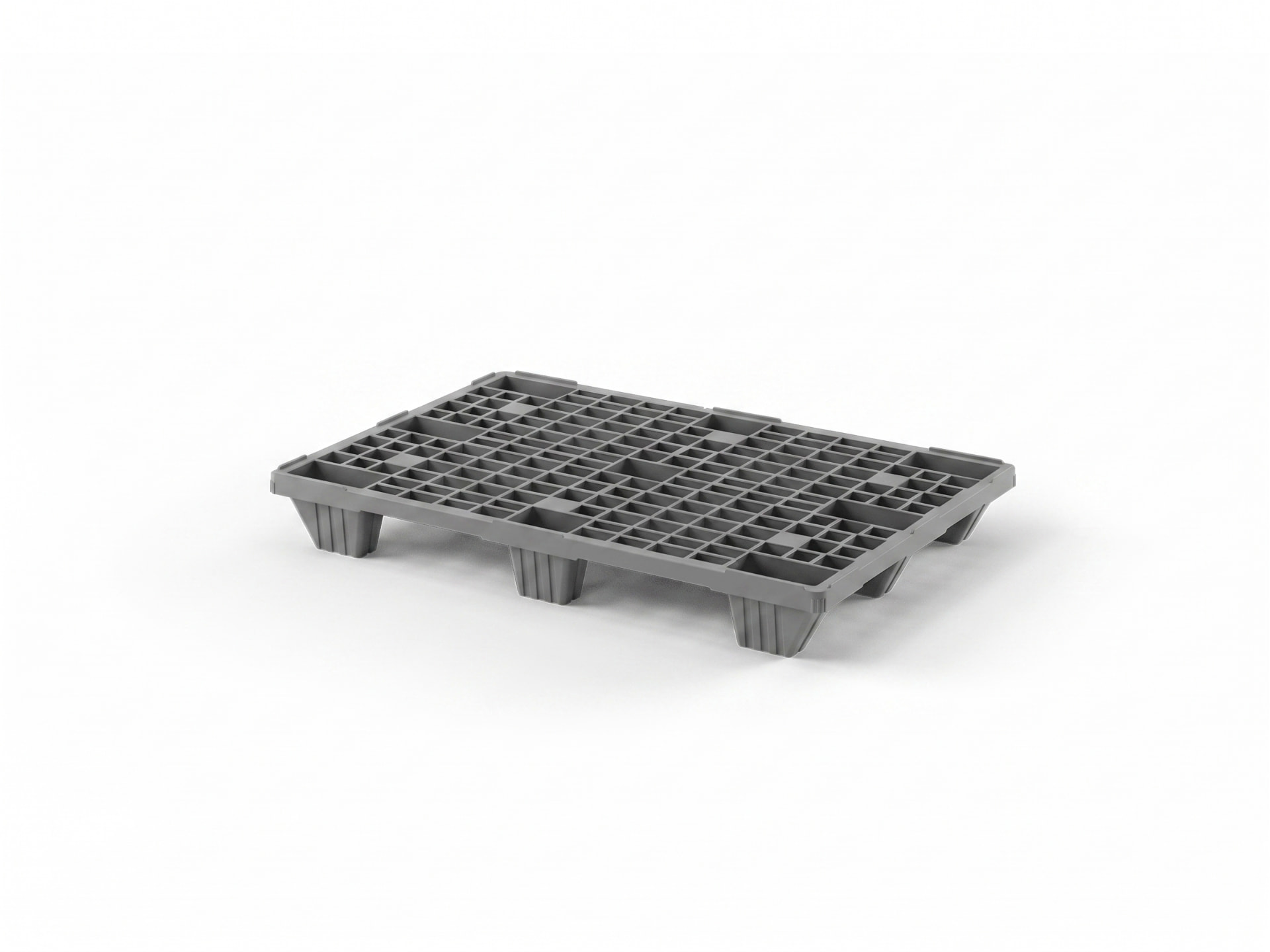 Cabka 1011.121113 nestable plastic pallet, 1200 x 800 x 140 mm, open grid deck on nine feet with a 5 mm rim — reference-led AI illustration of the documented model design, not a stock photograph or dimension-certified