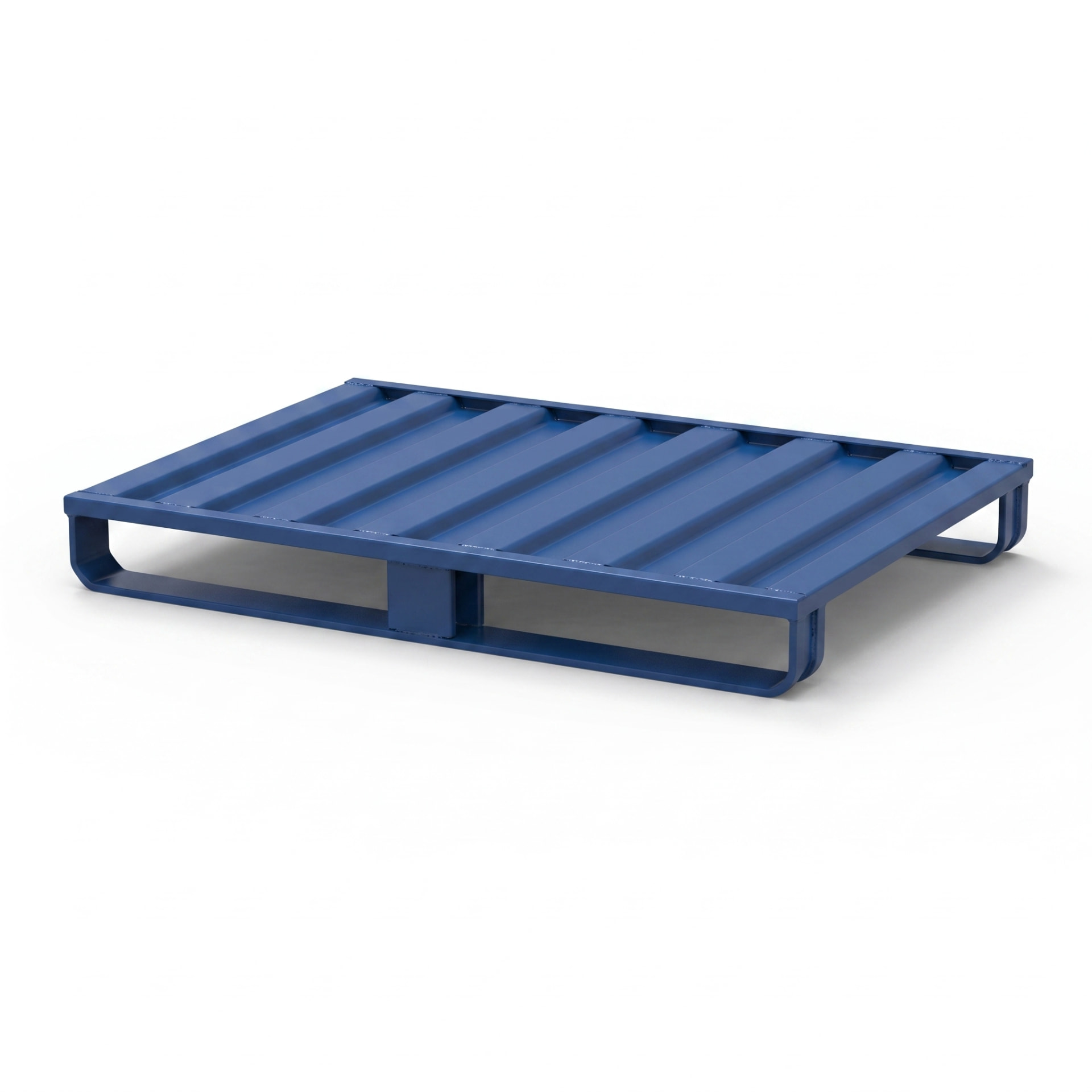 Blue powder-coated steel pallet 1200 x 1000 mm with slatted deck, illustrative reference view