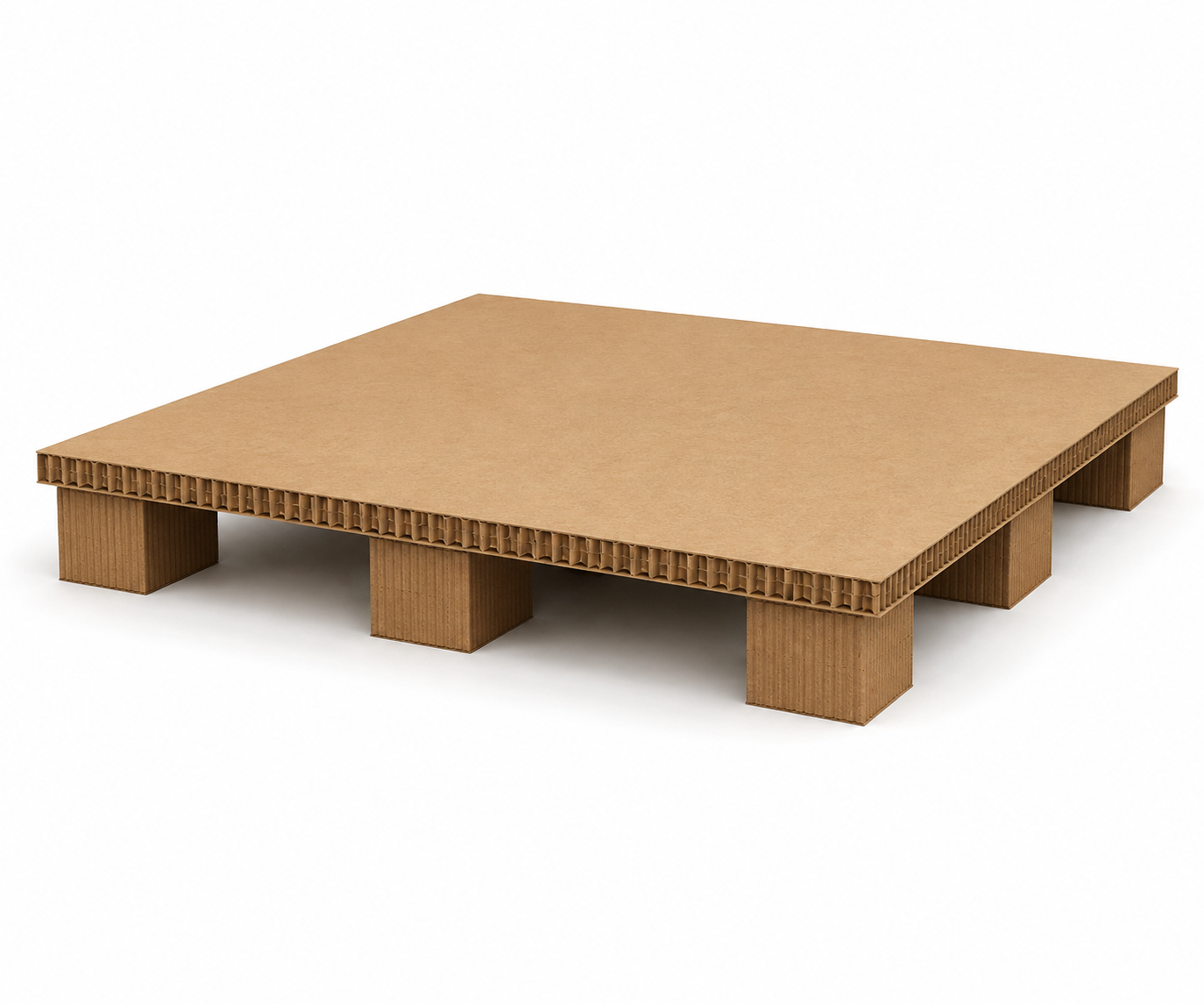 Honeycomb paper pallet, 1200 x 1000 mm, flat kraft deck over a visible honeycomb core on square paperboard feet — representative reference illustration, not a stock photograph or dimension-certified